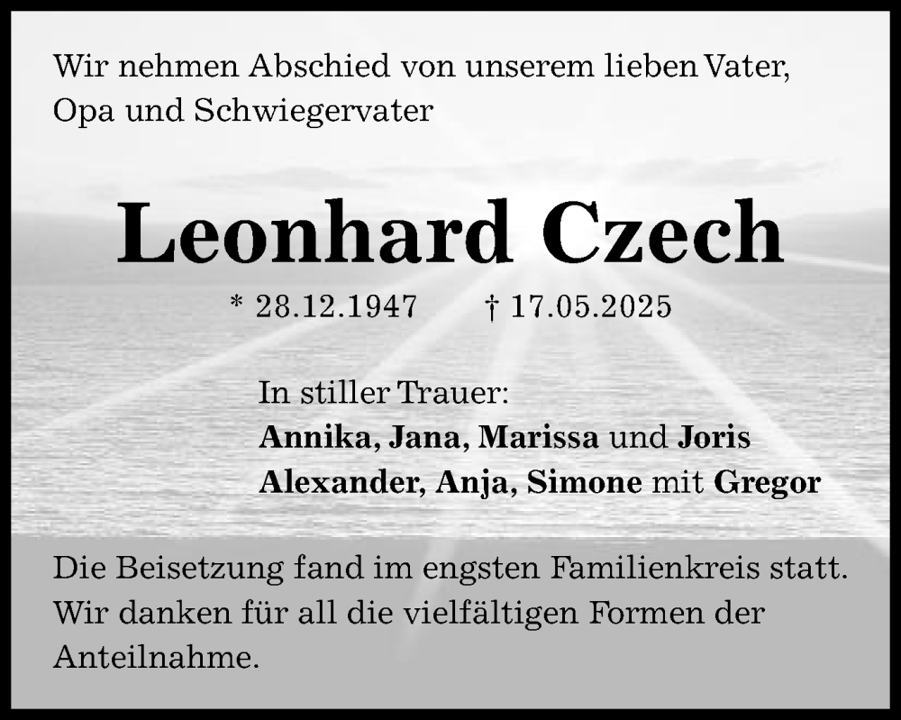 Traueranzeige für Leonhard Czech vom 31.05.2025 aus Schwäbische Post