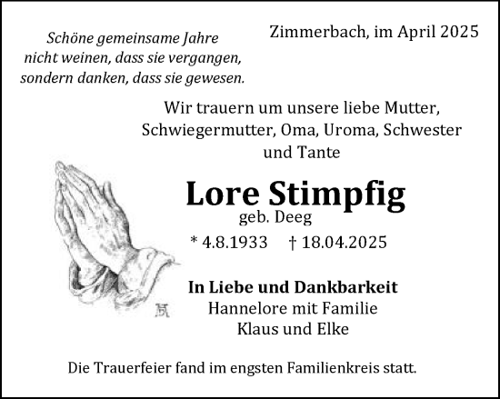 Traueranzeige von Lore Stimpfig von Gmünder Tagespost