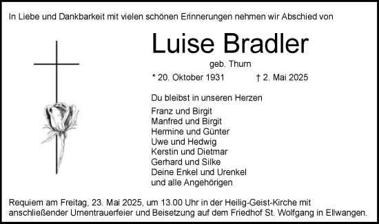 Traueranzeige von Luise Bradler von Schwäbische Post