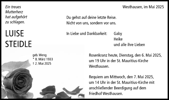 Traueranzeige von Luise Steidle von Schwäbische Post
