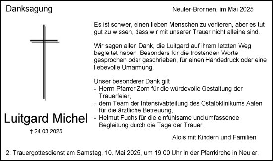Traueranzeige von Luitgard Michel von Schwäbische Post