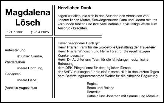 Traueranzeige von Magdalena Lösch von Schwäbische Post