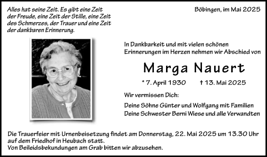 Traueranzeige von Marga Nauert von Gmünder Tagespost
