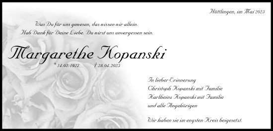 Traueranzeige von Margarethe Kopanski von Schwäbische Post