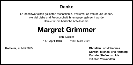 Traueranzeige von Margret Grimmer von Schwäbische Post