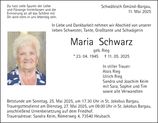 Traueranzeige von Maria Schwarz von Gmünder Tagespost
