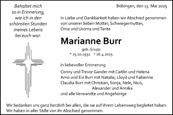 Traueranzeige von Marianne Burr von Gmünder Tagespost