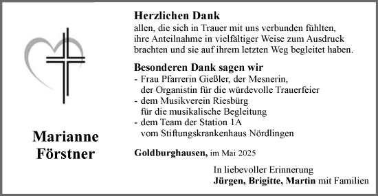 Traueranzeige von Marianne Förstner von Schwäbische Post