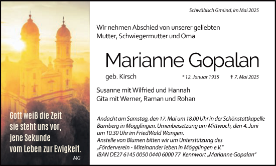 Traueranzeige von Marianne Gopalan von Gmünder Tagespost