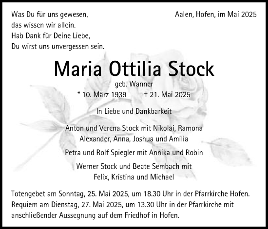 Traueranzeige von Maria Ottilia Stock von Schwäbische Post