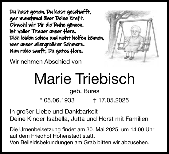 Traueranzeige von Marie Triebisch von Gmünder Tagespost