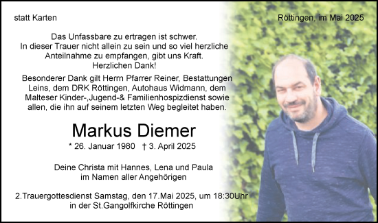 Traueranzeige von Markus Diemer von Schwäbische Post