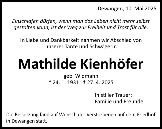 Traueranzeige von Mathilde Kienhöfer von Schwäbische Post