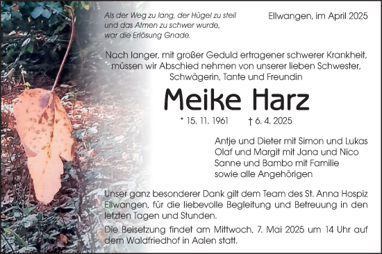 Traueranzeige von Meike Harz von Schwäbische Post