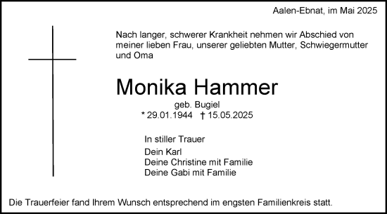 Traueranzeige von Monika Hammer von Schwäbische Post