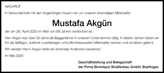 Traueranzeige von Mustafa Akgün von Schwäbische Post