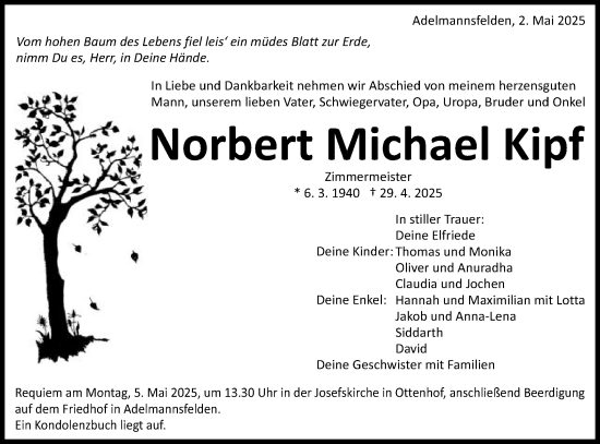 Traueranzeige von Norbert Michael Kipf von Schwäbische Post