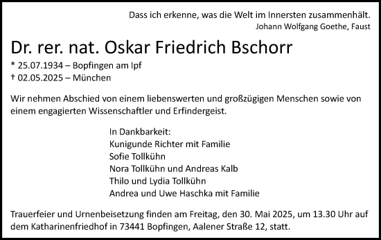 Traueranzeige von Oskar Friedrich Bschorr von Schwäbische Post