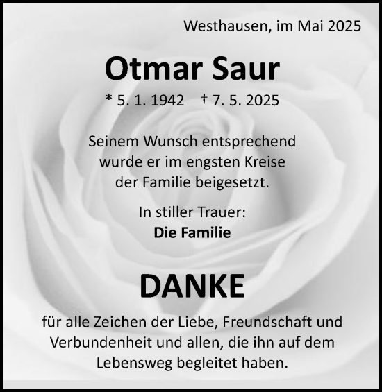 Traueranzeige von Otmar Saur von Schwäbische Post