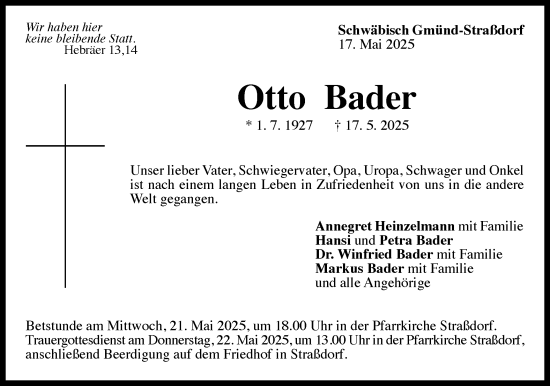 Traueranzeige von Otto Bader von Schwäbische Post