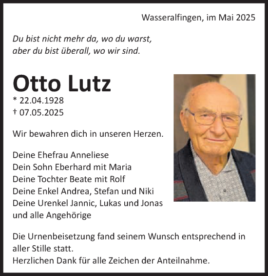 Traueranzeige von Otto Lutz von Schwäbische Post