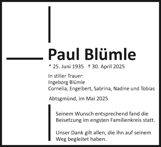 Traueranzeige von Paul Blümle von Schwäbische Post
