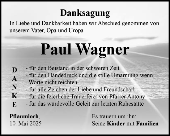 Traueranzeige von Paul Wagner von Schwäbische Post