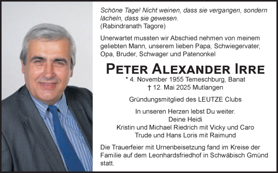 Traueranzeige von Peter Alexander Irre von Gmünder Tagespost