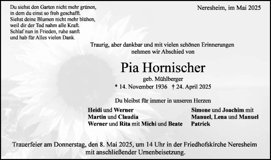 Traueranzeige von Pia Hornischer von Schwäbische Post