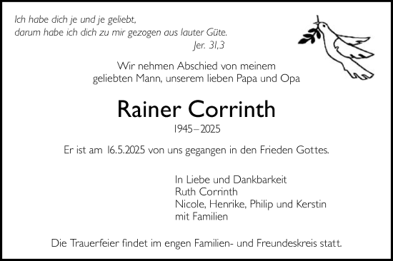 Traueranzeige von Rainer Corrinth von Gmünder Tagespost