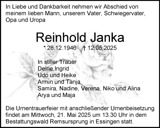 Traueranzeige von Reinhold Janka von Schwäbische Post