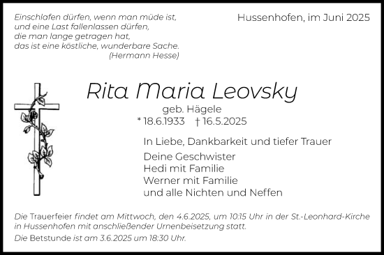 Traueranzeige von Rita Maria Leovsky von Gmünder Tagespost