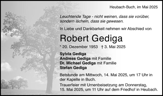 Traueranzeige von Robert Gediga von Gmünder Tagespost