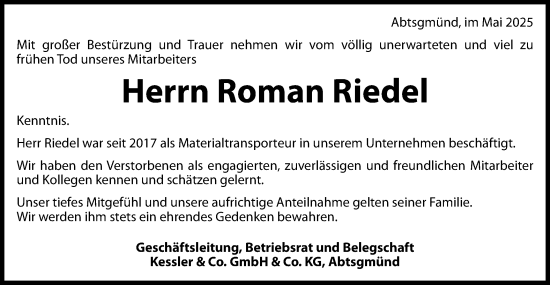 Traueranzeige von Roman Riedel von Schwäbische Post