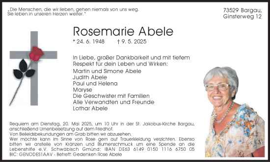Traueranzeige von Rosemarie Abele von Gmünder Tagespost