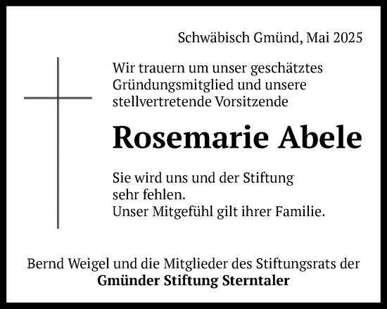 Traueranzeige von Rosemarie Abele von Gmünder Tagespost