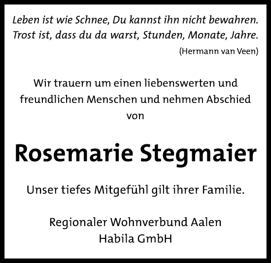 Traueranzeige von Rosemarie Stegmaier von Schwäbische Post