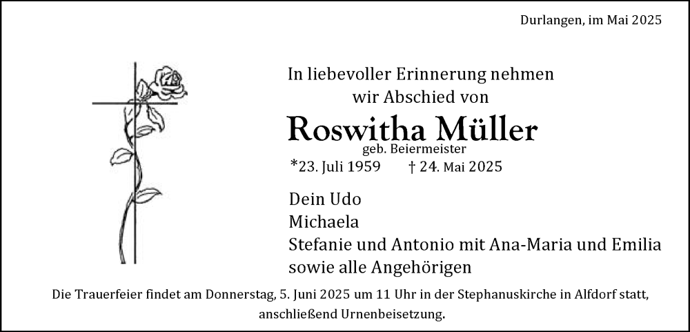  Traueranzeige für Roswitha Müller vom 31.05.2025 aus Gmünder Tagespost