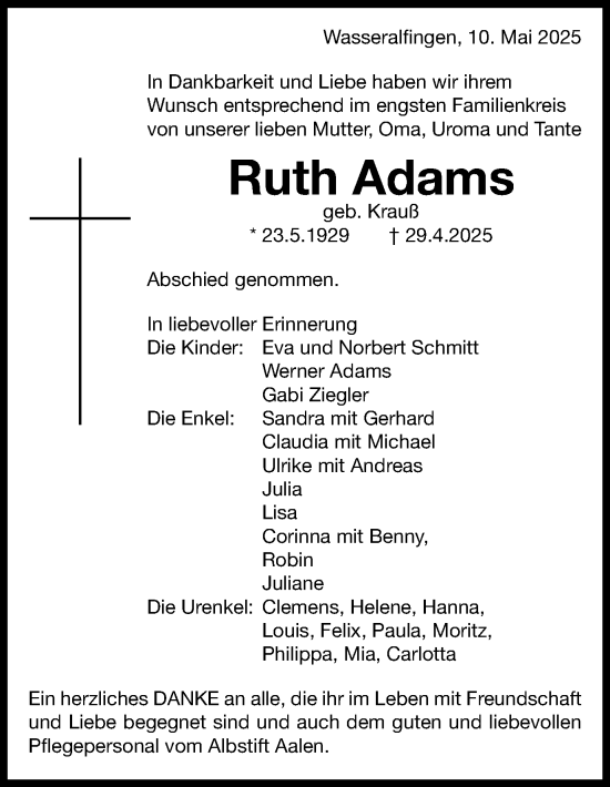 Traueranzeige von Ruth Adams von Schwäbische Post