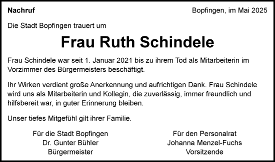 Traueranzeige von Ruth Schindele von Schwäbische Post