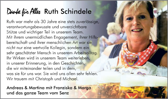 Traueranzeige von Ruth Schindele von Schwäbische Post