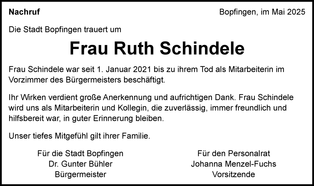  Traueranzeige für Ruth Schindele vom 17.05.2025 aus Schwäbische Post
