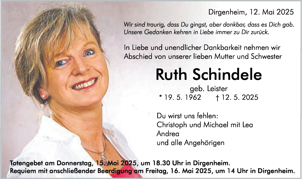  Traueranzeige für Ruth Schindele vom 14.05.2025 aus Schwäbische Post
