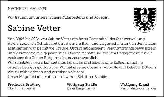 Traueranzeige von Sabine Vetter von Schwäbische Post
