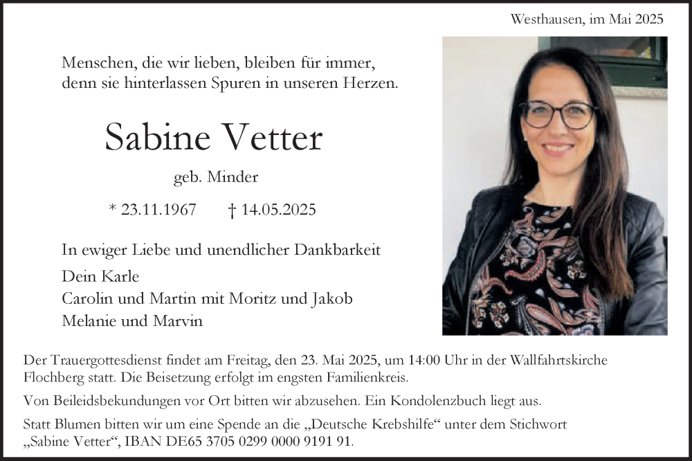  Traueranzeige für Sabine Vetter vom 20.05.2025 aus Schwäbische Post