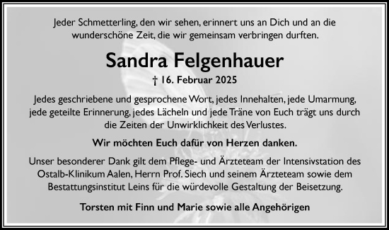 Traueranzeige von Sandra Felgenhauer von Schwäbische Post