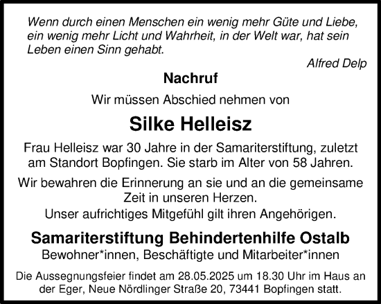 Traueranzeige von Silke Helleisz von Schwäbische Post