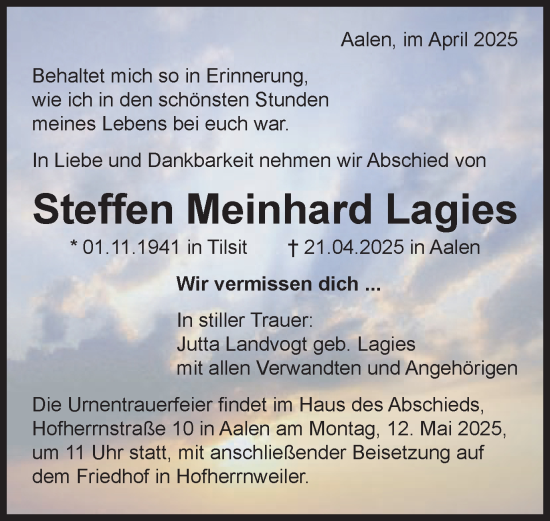 Traueranzeige von Steffen  Lagies von Schwäbische Post