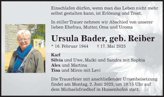 Traueranzeige von Ursula Bader von Gmünder Tagespost