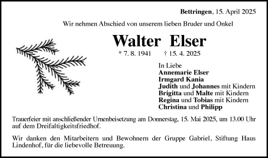 Traueranzeige von Walter Elser von Gmünder Tagespost